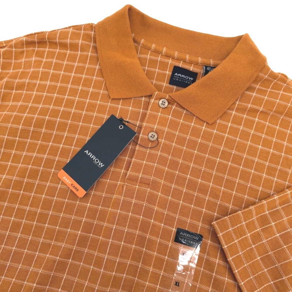 Arrow Polo Shirt Mensโ XL Orange Grid Cotton Poly Preppy Golf Dad Casual NEW